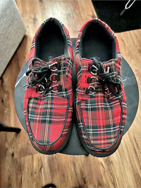 T.U.K. Anarchic Red Tartan Creepers. Plaid Sneakers Red & Black